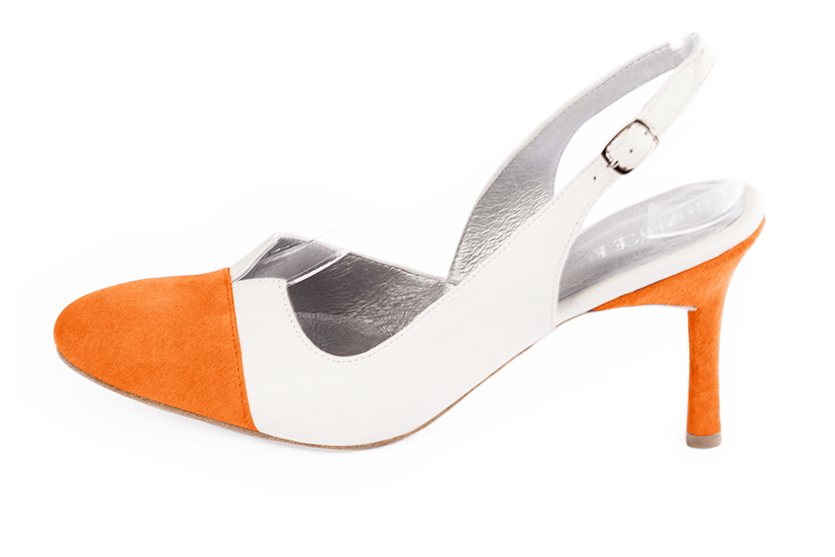 French elegance and refinement for these apricot orange and off white dress slingback shoes, 
                available in many subtle leather and colour combinations. The pretty cut-out of the pump offers comfort and originality.
To be personalized or not, with your materials and colors.  
                Matching clutches for parties, ceremonies and weddings.   
                You can customize these shoes to perfectly match your tastes or needs, and have a unique model.  
                Choice of leathers, colours, knots and heels. 
                Wide range of materials and shades carefully chosen.  
                Rich collection of flat, low, mid and high heels.  
                Small and large shoe sizes - Florence KOOIJMAN